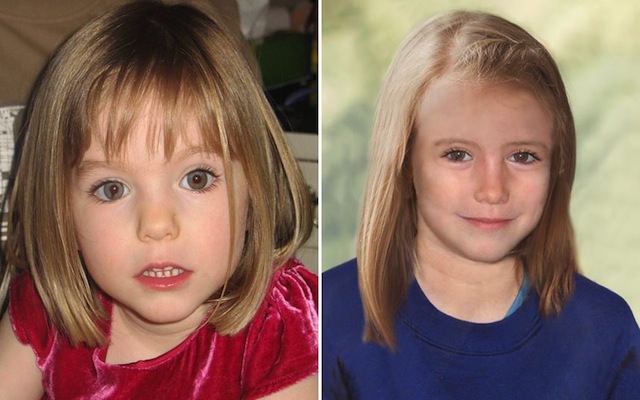 Madeleine McCann, aged 3, and how she might have looked aged 9